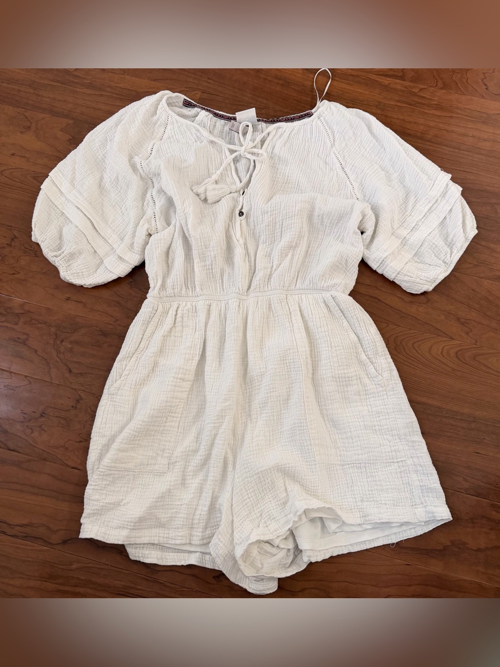 Knox Rose White Gauze Romper Tassel Tie Boho Short Sleeve 2XL Cottagecore Beach